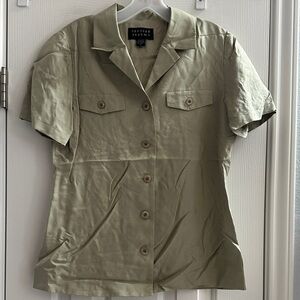 Vintage Spenser Jeremy Light Olive Green Button Down Silk Top Women’s 4 Retro